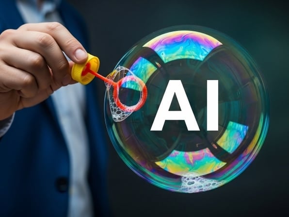 man with bubble blower with AI in bubble