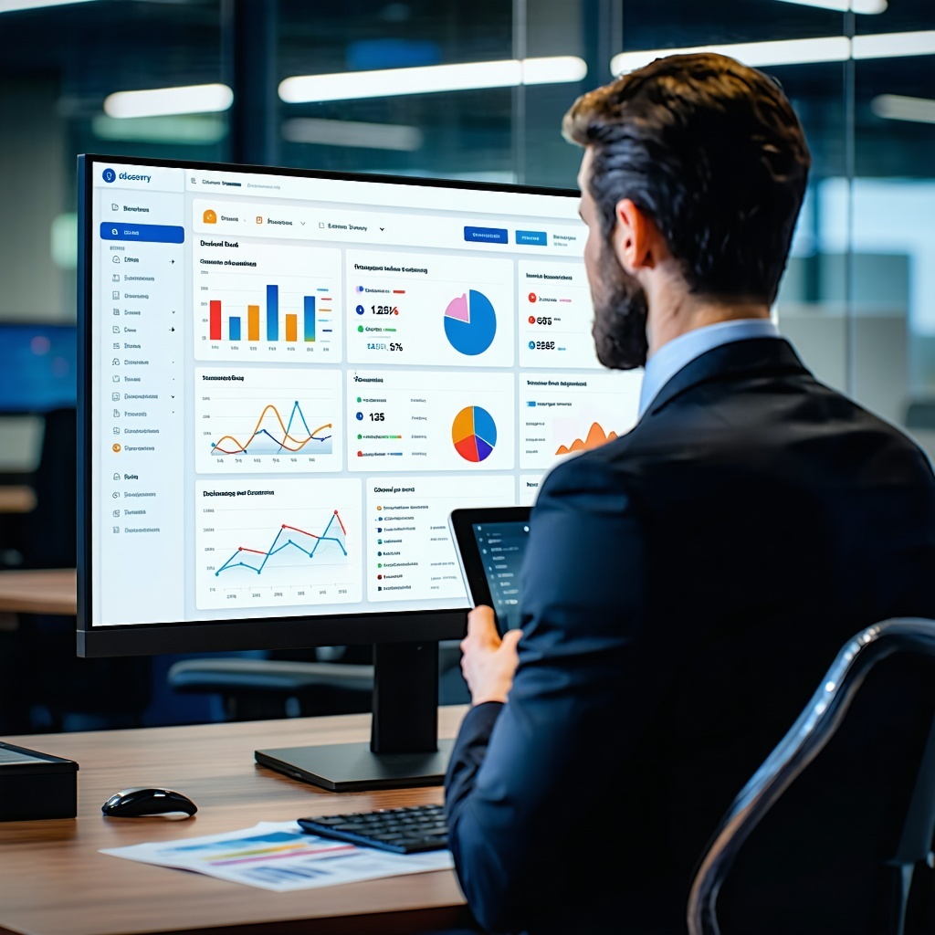 The image features a sleek modern interface of a cloudbased eDiscovery platform displayed on a highresolution monitor The screen shows a dashboard filled with colorful graphs and analytics highlighting a variety of data sources such as emails social-2
