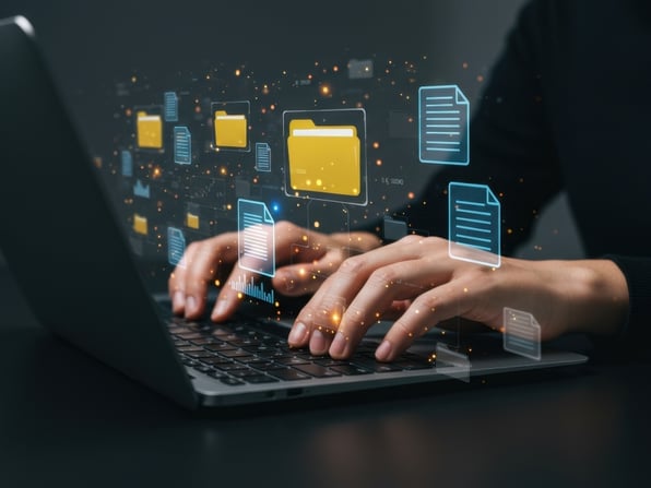 digital files and hands on laptop